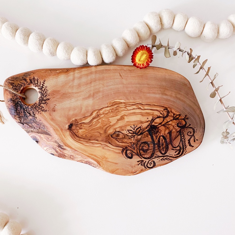 Beautiful Wood-burned Olive Wood Serving Board